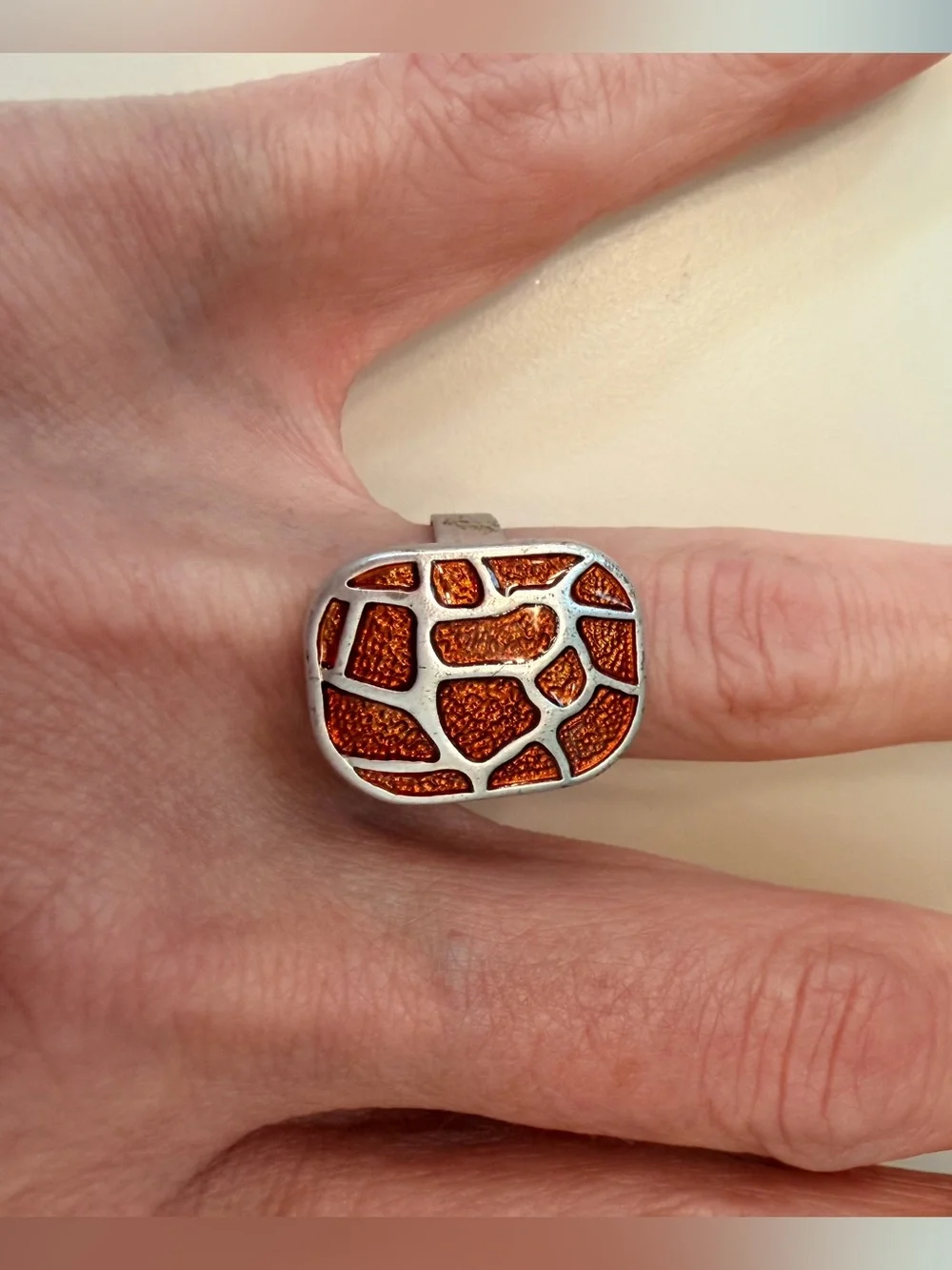 Silver Tone Orange Mosaic Costume /Fashion Statement Ring, Adjustable Sizing
